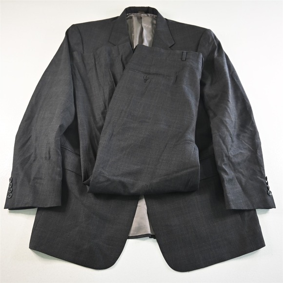 Hart Schaffner Marx 42R 38x29‎ Gray Windowpane 100% Wool USA Mens Suit